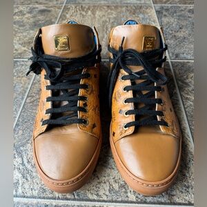 MCM Coated Canvas Leather Mid Rise Logo Sneakers in Visetos Cognac Men’s 43/10